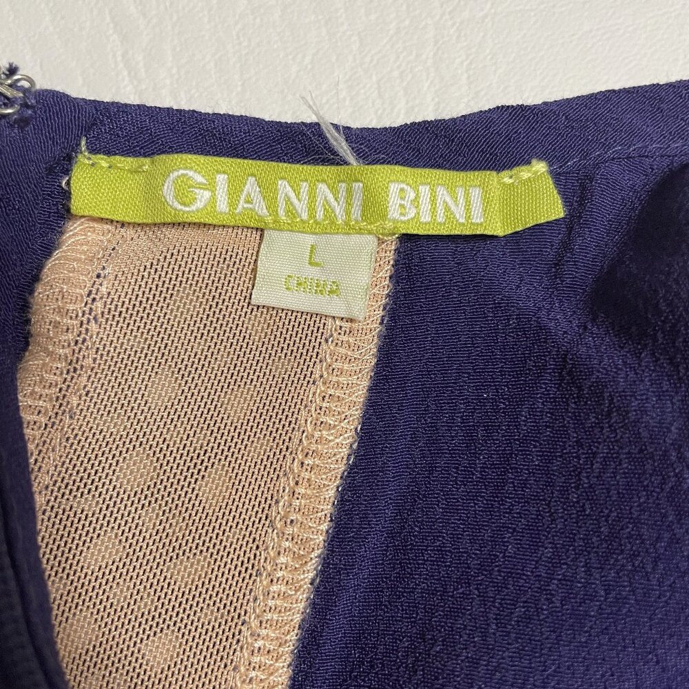 Gianni Bini Mini Dress Size Large Blue Lace Mesh Long Bell Sleeve Nude Lining - Picture 7 of 16